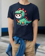 Cute Cat In Dinosaur Costume Funny Kawaii Cartoon T Shirt Adorable Tee - model wearing navy tee with hands in pockets