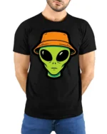 Cool Alien Bucket Hat Graphic T Shirt Funny UFO Street Style Tee - model wearing black tee with hands behind back