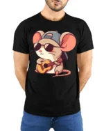 Cool Mouse Playing Guitar With Sunglasses Funny Kawaii Cartoon T Shirt - model wearing black tee with hands behind back