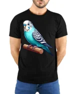 Cute Blue Parakeet Bird Perched Graphic T Shirt Pet Lover Animal Tee - model wearing black tee with hands behind back