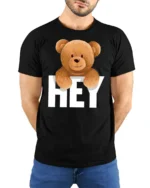 Cute Teddy Bear Hey Graphic T Shirt Funny Cartoon Animal Tee - model wearing black tee with hands behind back