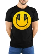 Smiley Face Headphones Graphic T Shirt Retro Music Vibe Tee - model wearing black tee with hands behind back