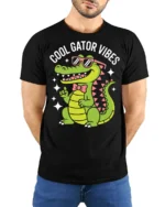 Cool Gator Vibes Funny Alligator Graphic T Shirt Cute Animal Tee - model wearing black tee with hands behind back