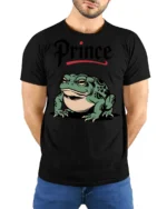 Funny Prince Frog Graphic T Shirt Cute Cartoon Frog Animal Tee - model wearing black tee with hands behind back