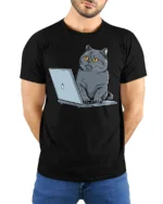 Funny Cat Working On Laptop Graphic T Shirt Cute Tech Kitty Tee - model wearing black tee with hands behind back