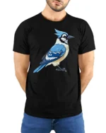 Blue Jay Bird Graphic T Shirt Cute Nature Wildlife Art Style Tee - model wearing black tee with hands behind back