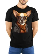 Hipster Chihuahua Dog With Glasses Scarf Graphic T Shirt Cute Pet Tee - model wearing black tee with hands behind back