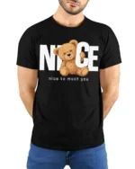 Nice To Meet You Cute Teddy Bear Graphic T Shirt Funny Friendly Tee - model wearing black tee with hands behind back