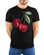 Sweet Red Cherry Fruit Graphic T Shirt Cute Aesthetic Summer Tee - model wearing black tee with hands behind back