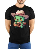 Cute Turtle Cowboy Playing Guitar Funny Cartoon T Shirt Kawaii Style Tee - model wearing black tee with hands behind back