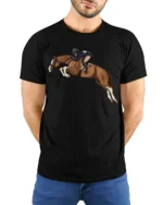 Horse Jumping Rider Equestrian Sport Graphic T Shirt Dynamic Show Tee - model wearing black tee with hands behind back
