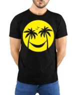 Relaxing Beach Smile Palm Trees Hammock Graphic T Shirt Summer Vibes Tee - model wearing black tee with hands behind back