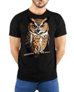 Majestic Owl Perched On Branch Graphic T Shirt Wildlife Nature Tee - model wearing black tee with hands behind back
