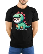 Cute Cat In Dinosaur Costume Funny Kawaii Cartoon T Shirt Adorable Tee - model wearing black tee with hands behind back