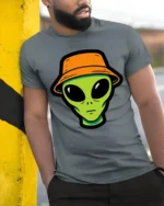 Cool Alien Bucket Hat Graphic T Shirt Funny UFO Street Style Tee - model wearing grey tee, leaning on column