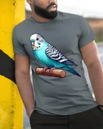 Cute Blue Parakeet Bird Perched Graphic T Shirt Pet Lover Animal Tee - model wearing grey tee, leaning on column