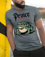 Funny Prince Frog Graphic T Shirt Cute Cartoon Frog Animal Tee - model wearing grey tee, leaning on column