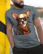 Hipster Chihuahua Dog With Glasses Scarf Graphic T Shirt Cute Pet Tee - model wearing grey tee, leaning on column