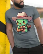 Cute Turtle Cowboy Playing Guitar Funny Cartoon T Shirt Kawaii Style Tee - model wearing grey tee, leaning on column