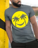 Relaxing Beach Smile Palm Trees Hammock Graphic T Shirt Summer Vibes Tee - model wearing grey tee, leaning on column