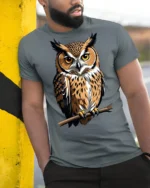 Majestic Owl Perched On Branch Graphic T Shirt Wildlife Nature Tee - model wearing grey tee, leaning on column