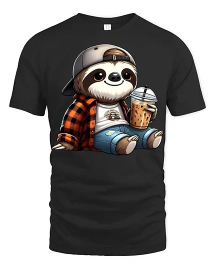 Cute Sloth Coffee Lover Cartoon Chill Graphic T Shirt - black t-shirt on white background