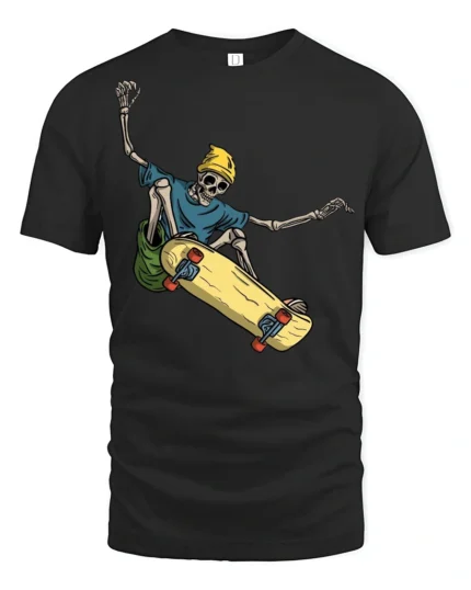 Skeleton Skateboard Funny Skater Streetwear Graphic T Shirt - black t-shirt on white background