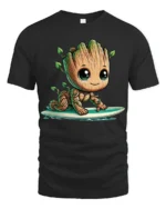 Cute Tree Baby Surfing Cartoon Graphic T Shirt - black t-shirt on white background
