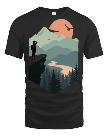 Mountain Sunset Hiker Adventure Nature Scenic T Shirt - black t-shirt on white background