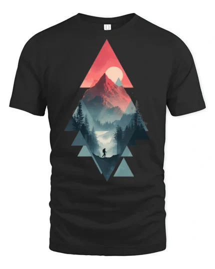 Geometric Mountain Sunset Hiking Adventure Graphic T Shirt - black t-shirt on white background