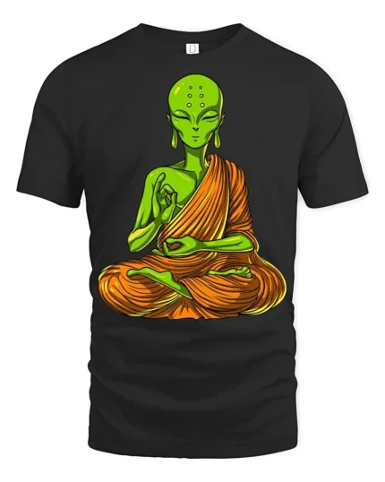Alien Buddha Meditation Funny Spiritual Graphic T Shirt - black t-shirt on white background