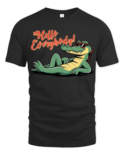 Hello Everybody Funny Alligator Cartoon Graphic T Shirt - black t-shirt on white background