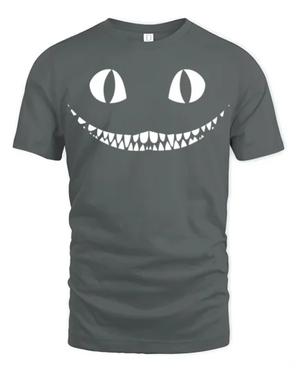 Creepy Cat Smile Halloween Spooky Graphic T Shirt - gray t-shirt on white background