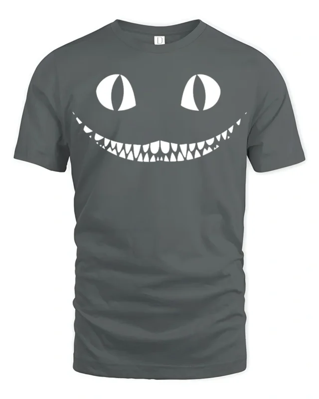 Creepy Cat Smile Halloween Spooky Graphic T Shirt - gray t-shirt on white background