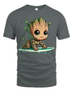 Cute Tree Baby Surfing Cartoon Graphic T Shirt - gray t-shirt on white background