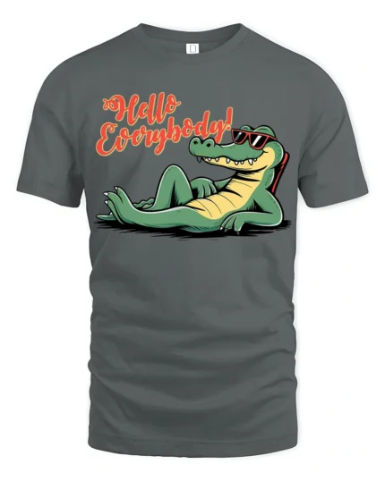 Hello Everybody Funny Alligator Cartoon Graphic T Shirt - gray t-shirt on white background