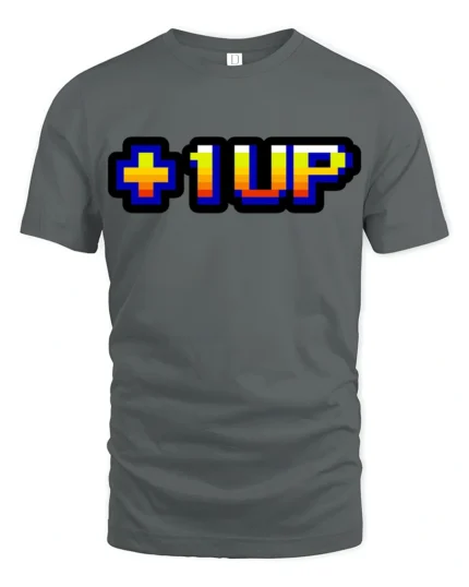 Level Up Gamer Pixel Retro Arcade Graphic T Shirt - gray t-shirt on white background