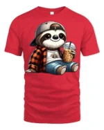 Cute Sloth Coffee Lover Cartoon Chill Graphic T Shirt - red t-shirt on white background