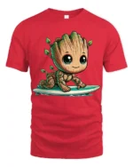 Cute Tree Baby Surfing Cartoon Graphic T Shirt - red t-shirt on white background