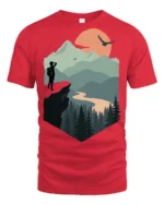 Mountain Sunset Hiker Adventure Nature Scenic T Shirt - red t-shirt on white background