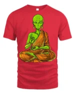 Alien Buddha Meditation Funny Spiritual Graphic T Shirt - red t-shirt on white background