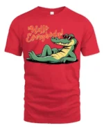 Hello Everybody Funny Alligator Cartoon Graphic T Shirt - red t-shirt on white background