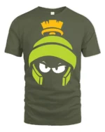 Martian Alien Cartoon Angry Face Funny Graphic T Shirt - military green t-shirt on white background