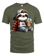 Cute Sloth Coffee Lover Cartoon Chill Graphic T Shirt - military green t-shirt on white background