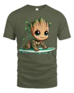 Cute Tree Baby Surfing Cartoon Graphic T Shirt - military green t-shirt on white background