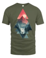 Geometric Mountain Sunset Hiking Adventure Graphic T Shirt - military green t-shirt on white background