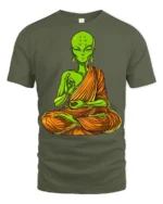 Alien Buddha Meditation Funny Spiritual Graphic T Shirt - military green t-shirt on white background