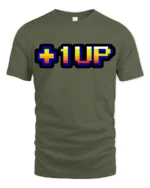 Level Up Gamer Pixel Retro Arcade Graphic T Shirt - military green t-shirt on white background