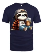 Cute Sloth Coffee Lover Cartoon Chill Graphic T Shirt - navy t-shirt on white background