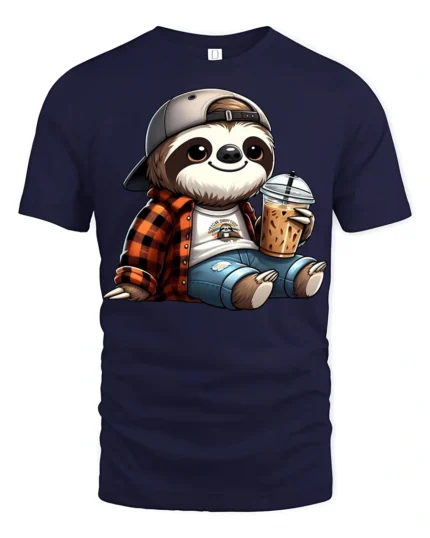 Cute Sloth Coffee Lover Cartoon Chill Graphic T Shirt - navy t-shirt on white background